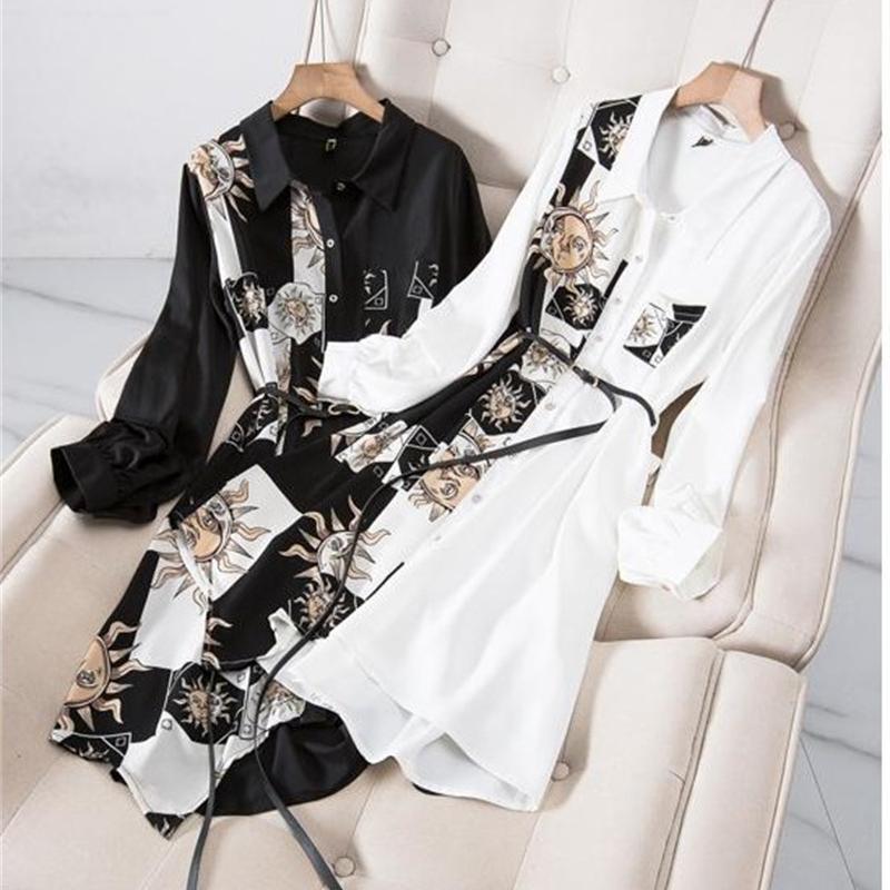Women Shirt Dress Loose Long Sleeve A-line Dress Women Mid-length Button Lace-up Printing Dresses Vestidos Loose 4XL Dress