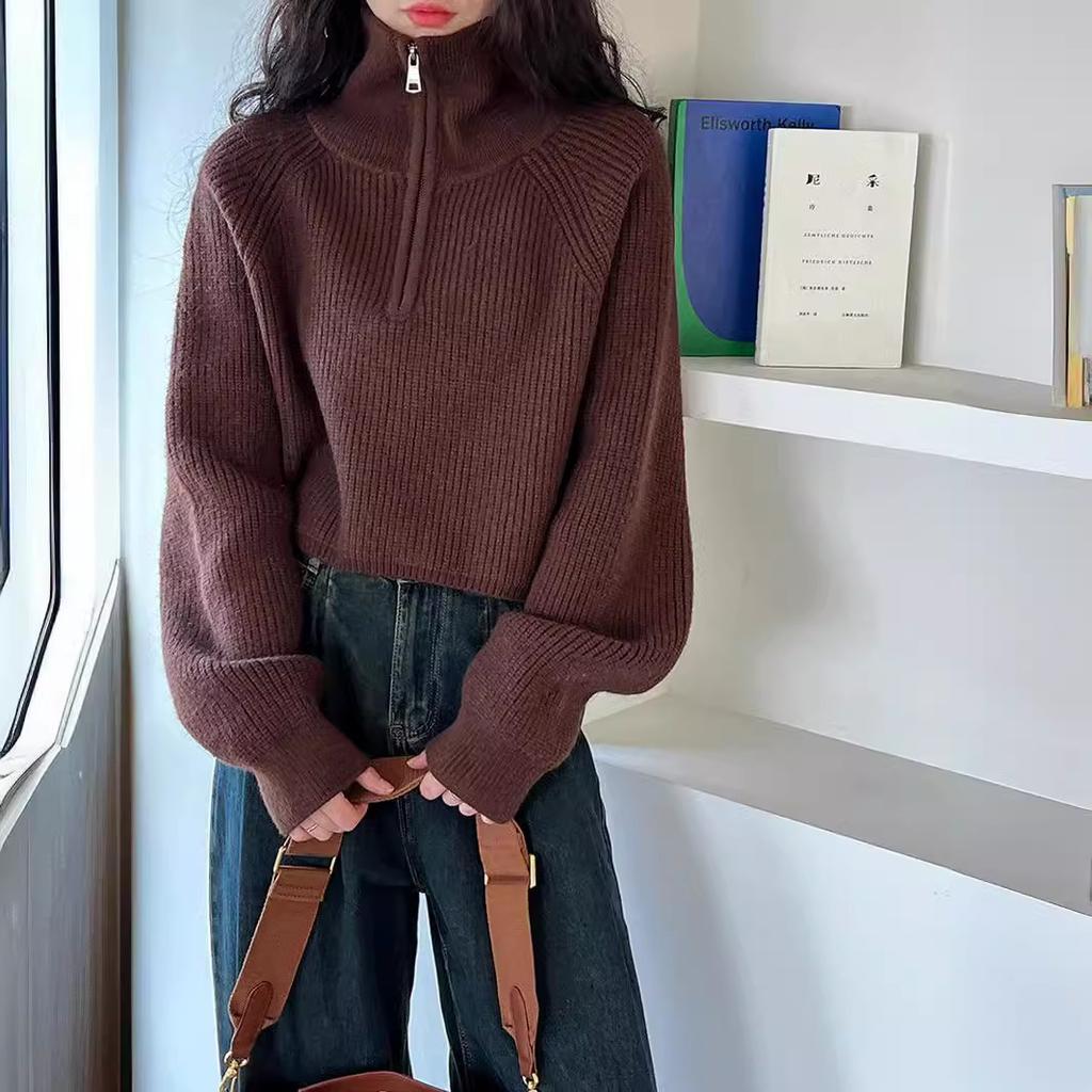 Half-zipper High Neck Solid Color High Waist Pullover Sweater Women's Short Fashion Melad Color Wear Knitted Tops Comfortable and Versatile