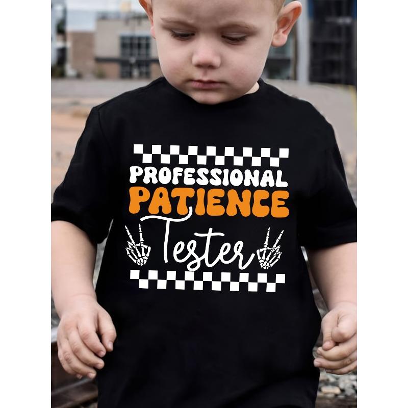 European sizes Boys' Professional Patience Lettering Short Sleeve T-Shirt - Summer Round Neck Casual Top with Applique Detail
