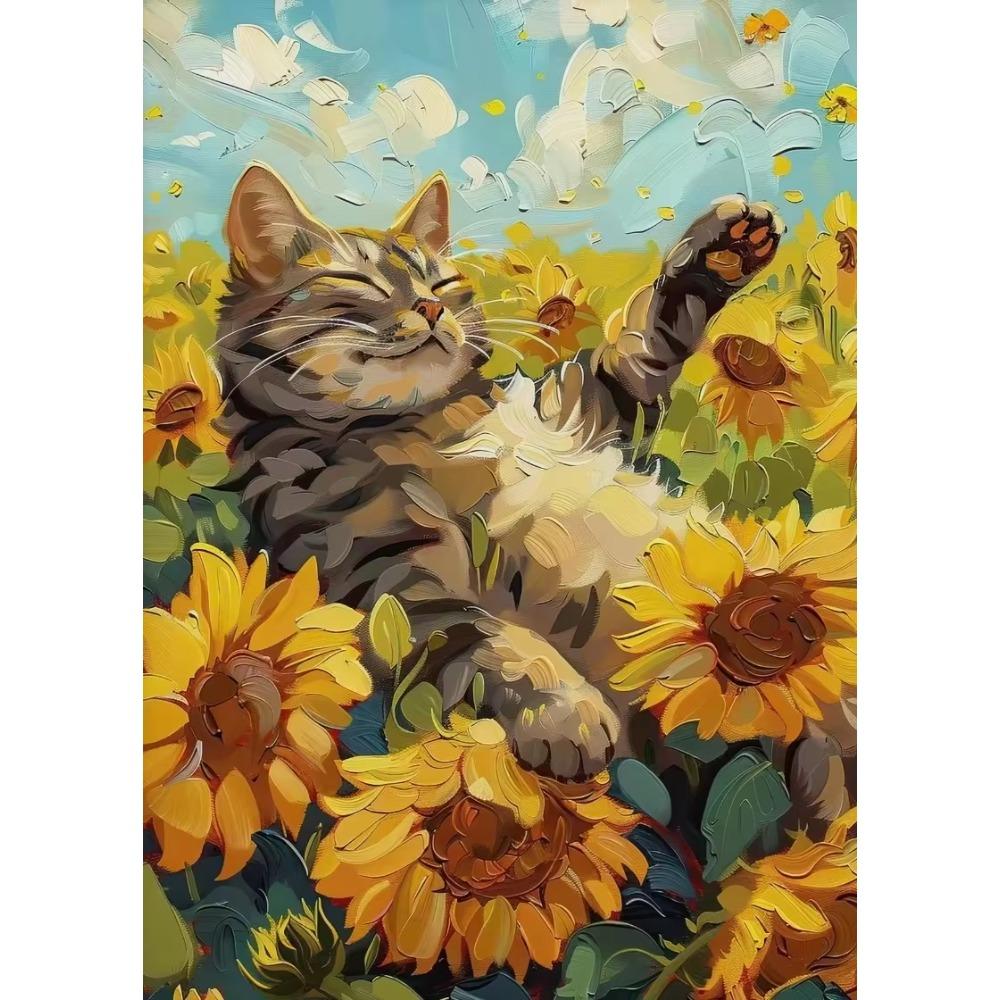 Oranje Kat Liggend Zonnebloem Poster Schattige Katten Koffie Drinken Canvas Schilderij Wandkunst Afbeelding voor Woonkamer Huis Muurschildering