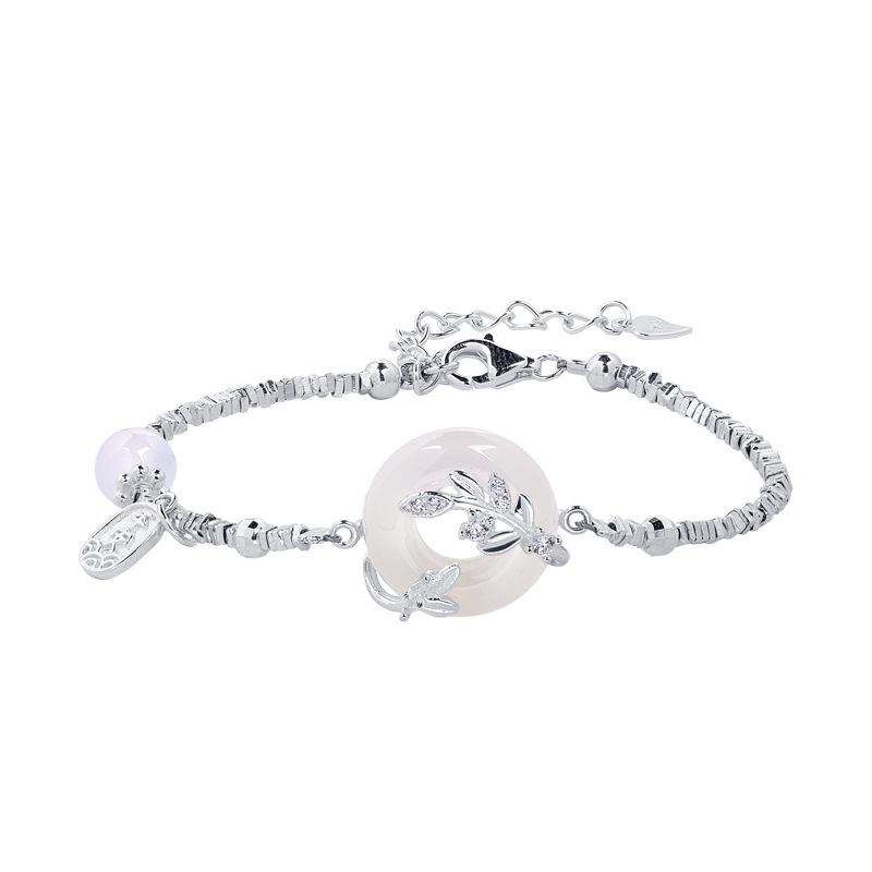 Bransoletka damska ze srebra próby S925 z białym chalcedonem i zapięciem zabezpieczającym - Ekskluzywna biżuteria wysokiej klasy, Idealna na prezent na Qixi Walentynki