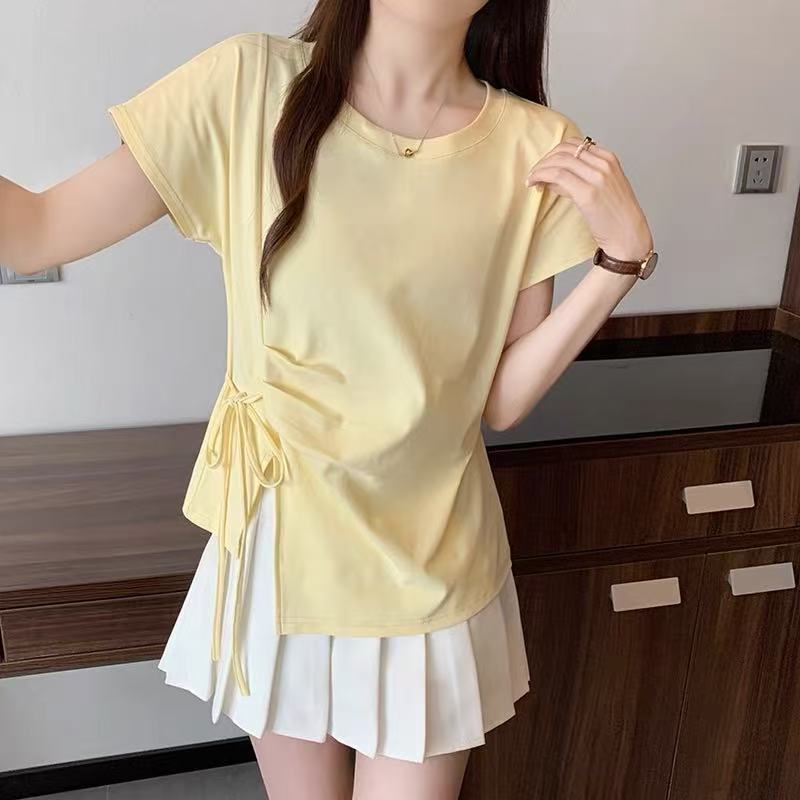 

Women s Solid Color T-shirt Crew Neck Lace Up Pleated Ladies Short Sleeved T-shirts Summer Casual Irregular Famale Top XL жовтий