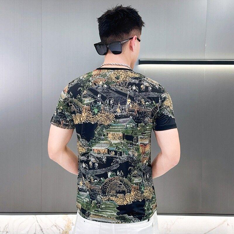 Ice Silk print Short-sleeved T-shirt Men's Summer Thin Breathable Top for Youth Casual Sports Hollow Half-sleeved Base Shirt