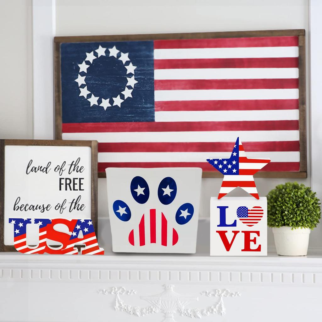 4 Pieces 4th Of July Decor Wooden Patriotic Decorations, Wooden Patriotic Star USA LOVE And Cat Paw Table Signs Fourth Of July Table Decorations