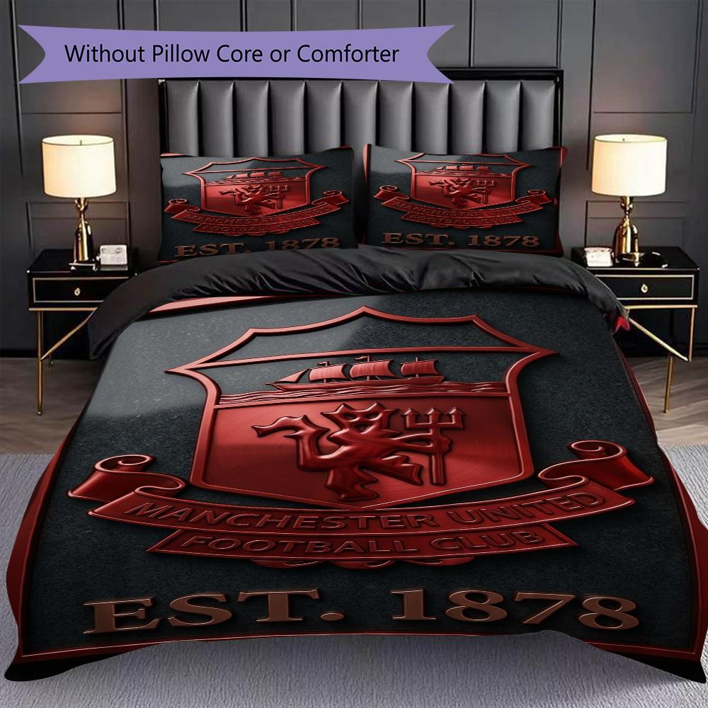 Manchester Emblem Glow Dreiteiliges Set (1 Bettbezug + 2 Kissenbezüge, ohne Füllung) 2D Flachbettwäsche-Set Weich und bequem