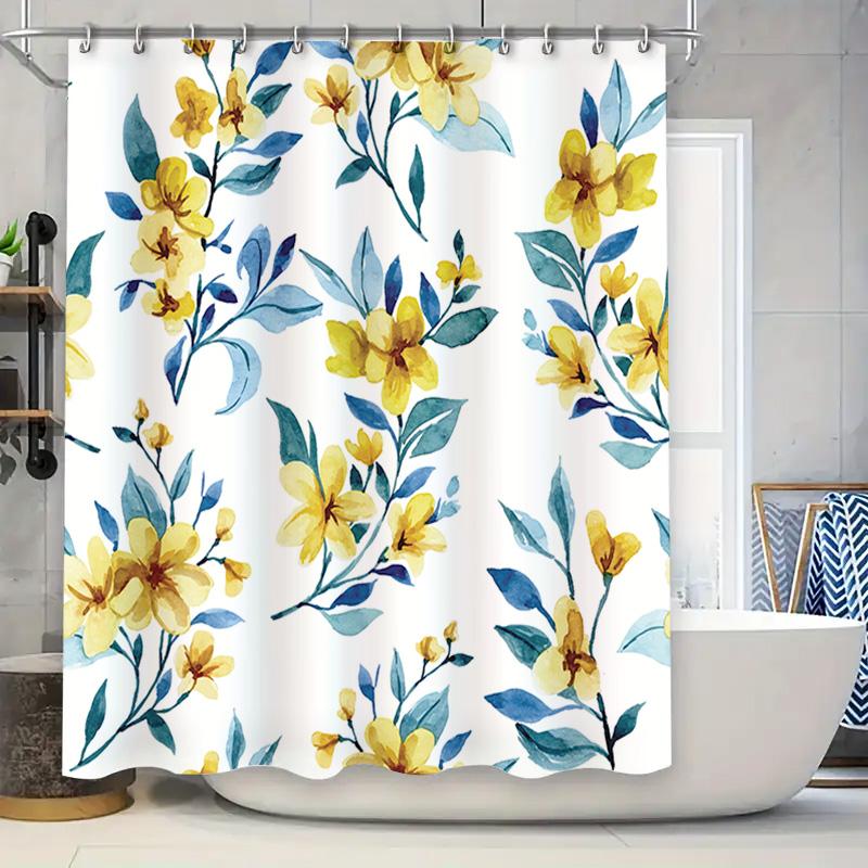 

Floral Print Shower Curtain Blue Yellow Flowers Design For Bathroom Decor Polyester Fabric Waterproof Washable Home Accessories W60H190(CM)-1 Pcs