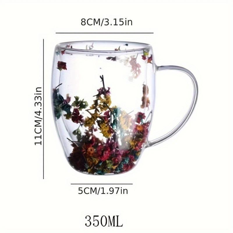 350ml Double-Walled Glass Coffee Mug with Flowers Inside Quicksand Heat Insulated Cup for Espresso & Drinks