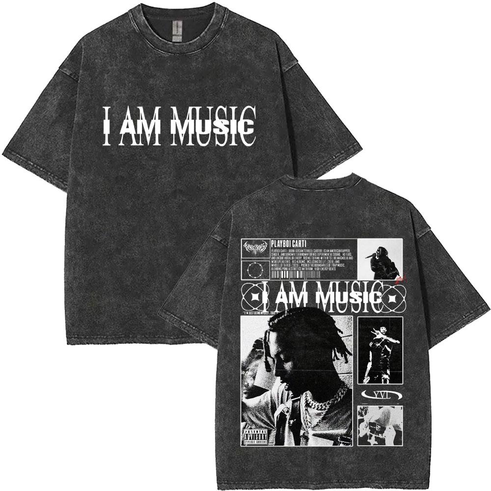 Retro Washed Playboi Carti I AM MUSIC Logo T Shirt Opium Ken Carson Narcissist Rap Tshirts Men Hip Hop Vintage Oversized Tshirt
