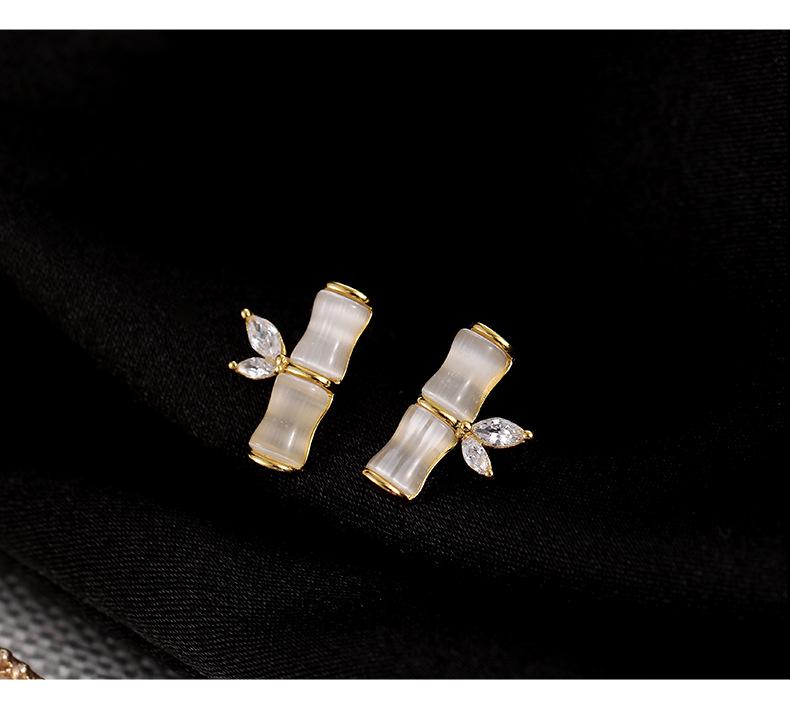 Banyan Tree S925 Silver Bamboo & Cat's Eye Stone Earrings for Women - Small Ancient Chinese Palace Style Design
