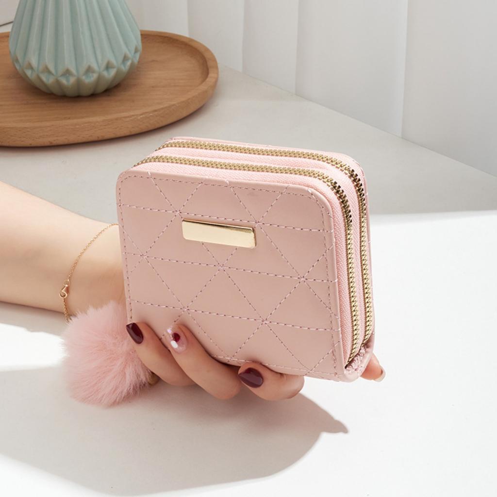 Small Fur Ball Bag, Double Layered Wallet, Diamond Grid, Ladies', Short, Hand-held, Coin Purse