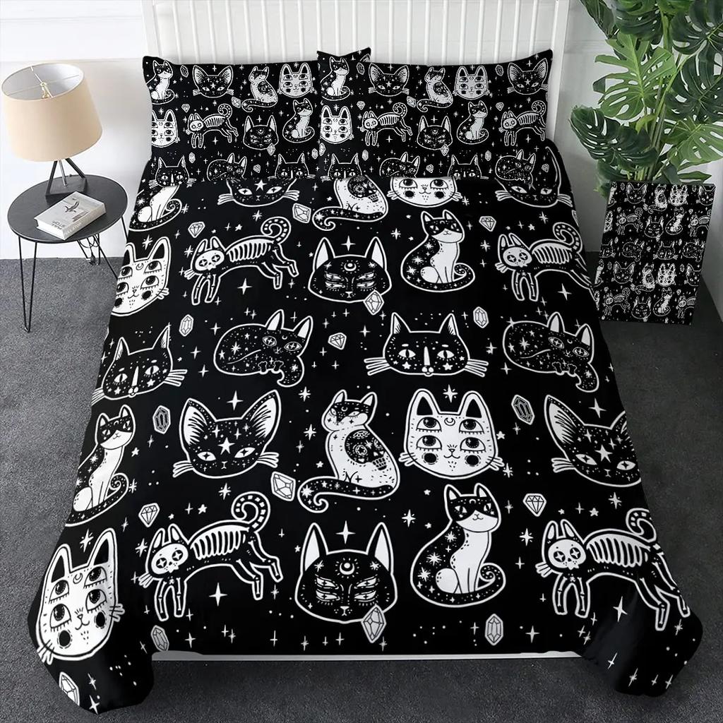 Witch Black Cat Duvet Cover Set Full,Cat Sitting On Moon Bedding Set Vintage Gothic Animals Cat Comforter Cover 2/3pcs Bed Sets