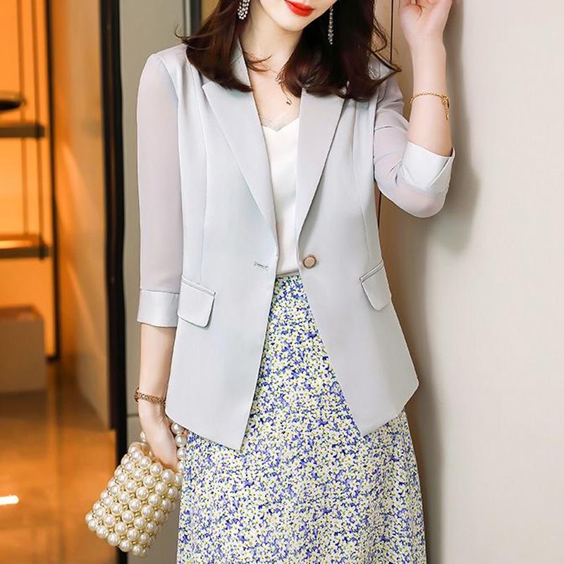 

Новый летний стиль для поездок на работу, простой и модный, пиджак-костюм три четверти с отложным воротником, однотонный, с сетчатой вставкой для женщин S серый