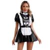 Womens Naughty Maid Uniform Clubwear Glossy Patent Leather Maid Cosplay Dress Ruffles Trims Bow Apron Puff Sleeve A-Line Dress
