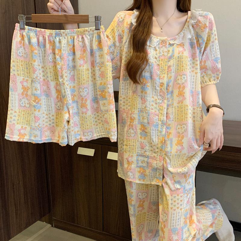 Pastoral Cute Bunny Cloud Cotton Pajamas Women'S Summer Lace Round Neck Loungewear Short Sleeve Three-Piece Set