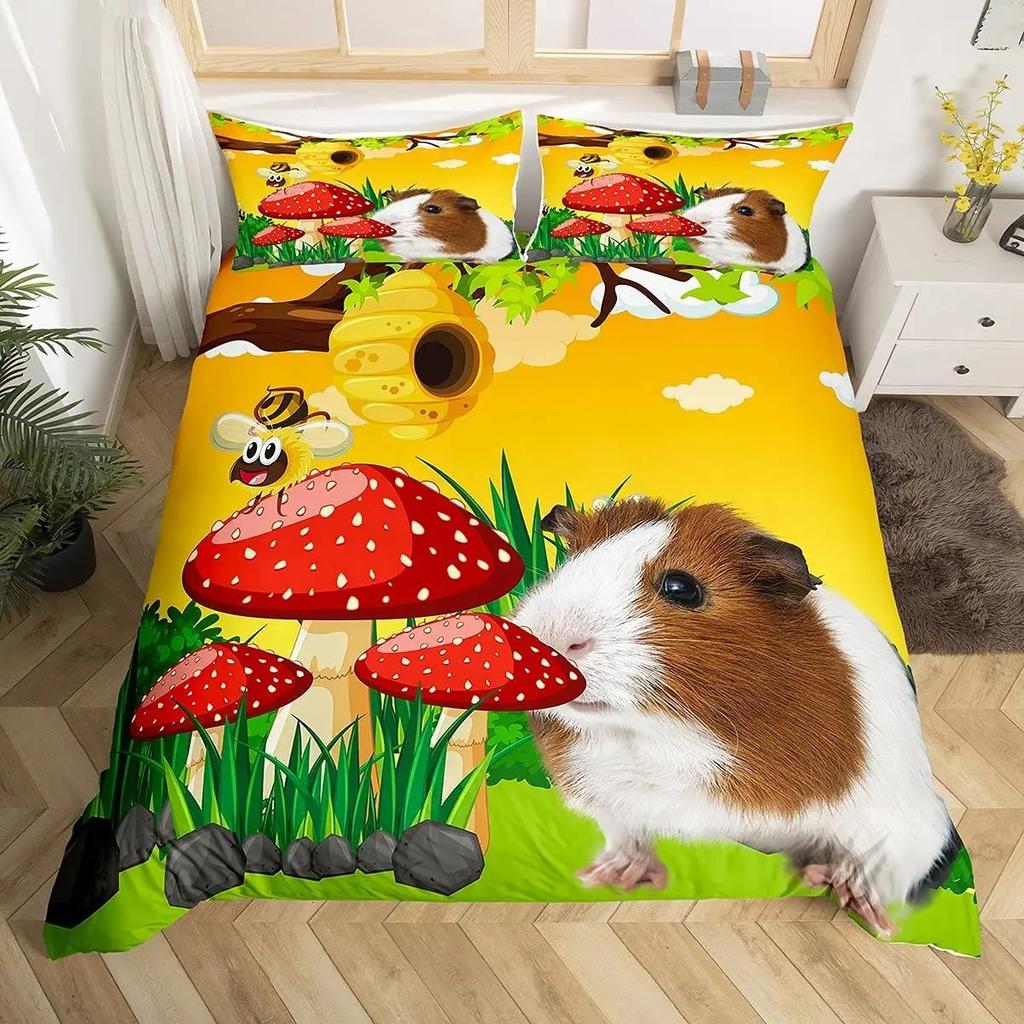 Kawaii Animals Duvet Cover Cute Rabbit Bedding Set Rustic Wooden Comforter Cover Microfiber Floral Bedclothes Queen For Girl Boy