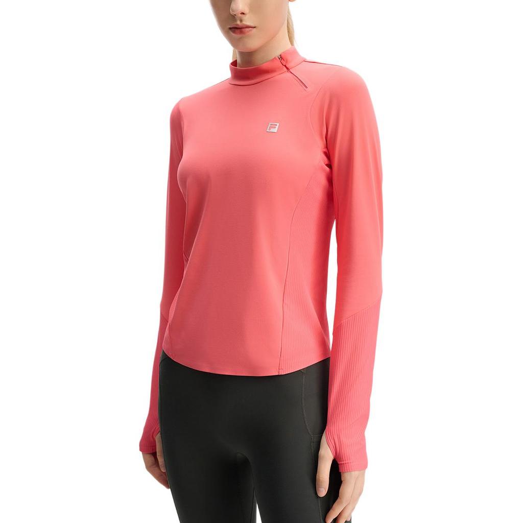Fila Fitness Logo Solid Color Slim Fit Long Sleeve T-Shirt Women Tops Coral A11W441201F-RD