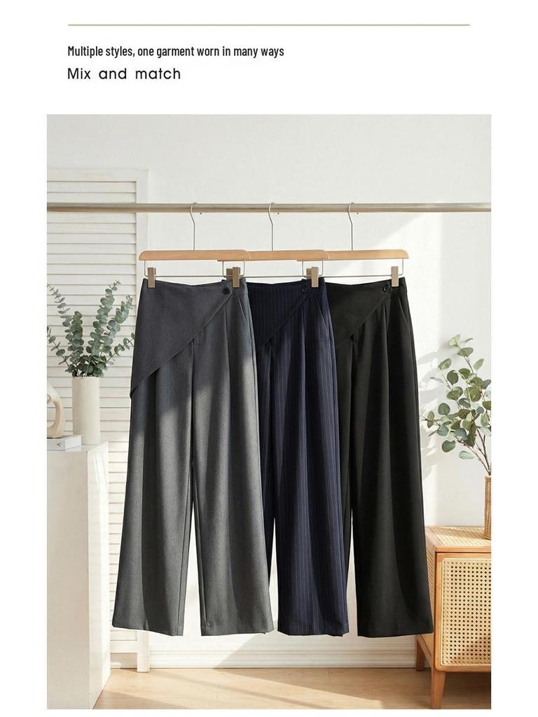 2026 Spring Women's Grey Wide-Leg High-Waisted Drapey Suit Pants, Floor-Length