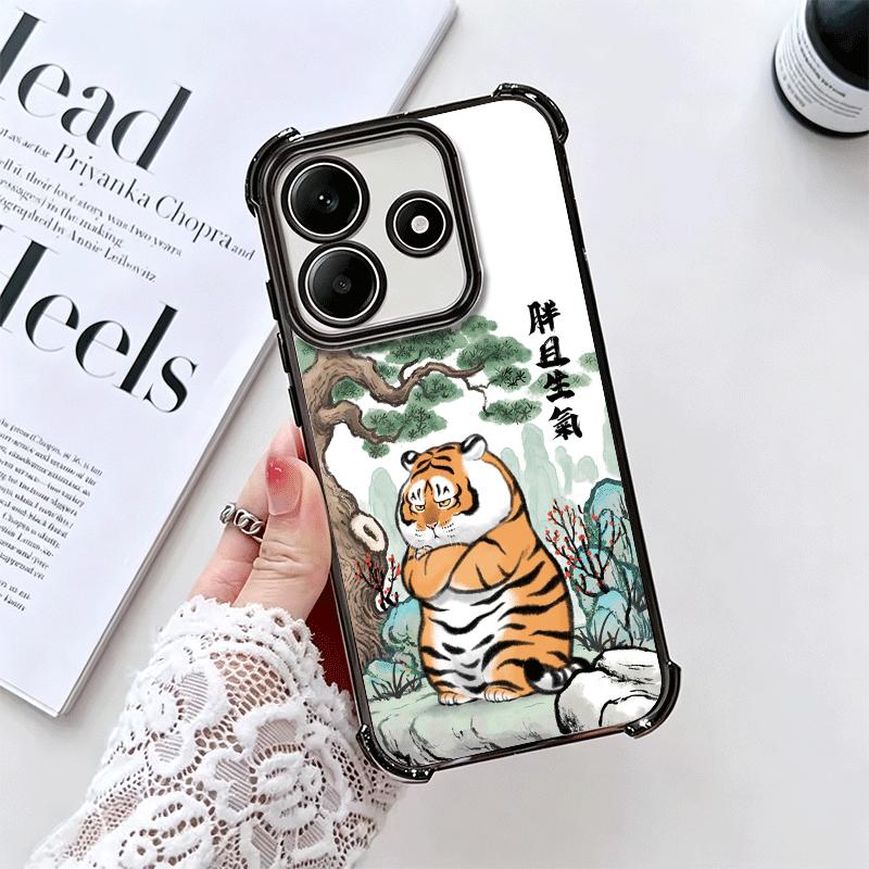Cartoon Fat Tiger Funny Plating Phone Case For Xiaomi Redmi Note 14 15 Pro Plus 13 12 11 11S 11T 10 9S 9 5G Anti-Fall Airabag Co