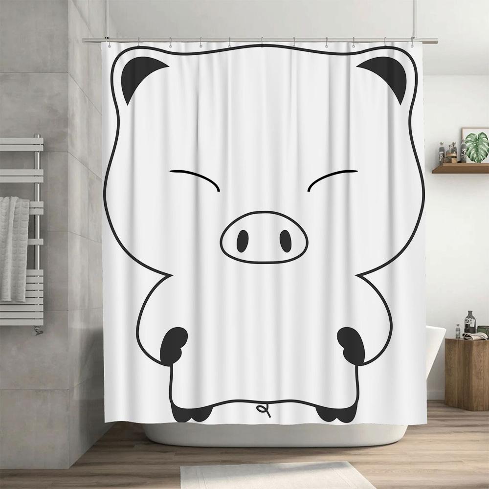 Adorable Black White Pig Design Shower Curtain Waterproof Fabric for Bathroom Decoration 72x84in