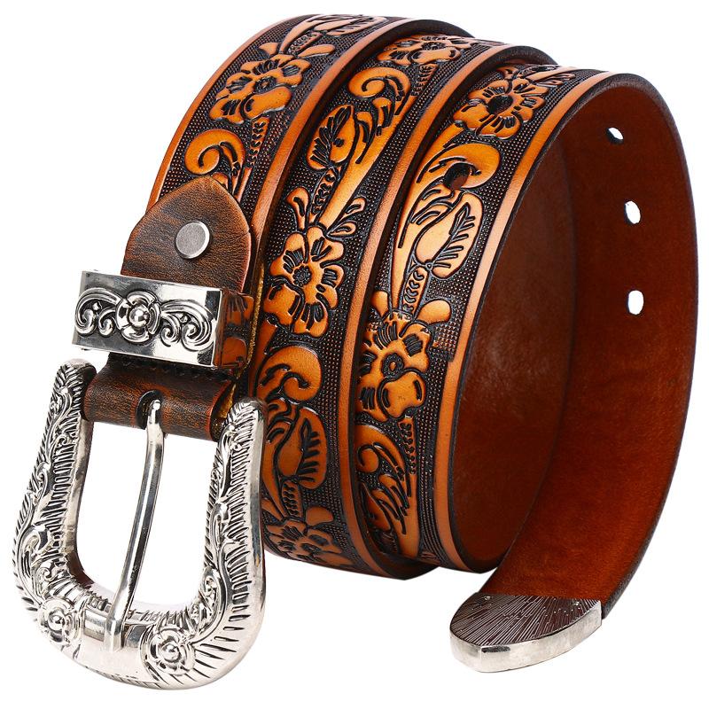 Women's Belt Vintage Top Layer Leather 100% Cowskin High Quality Casual Fashion Jeans Belt Engraved Leather Belt for Women PK009