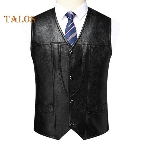 Pánská vesta z umělé kůže s výstřihem do V bez rukávů Slim Fit Jednořadá vesta Kabát s kapsami Jednobarevná vesta