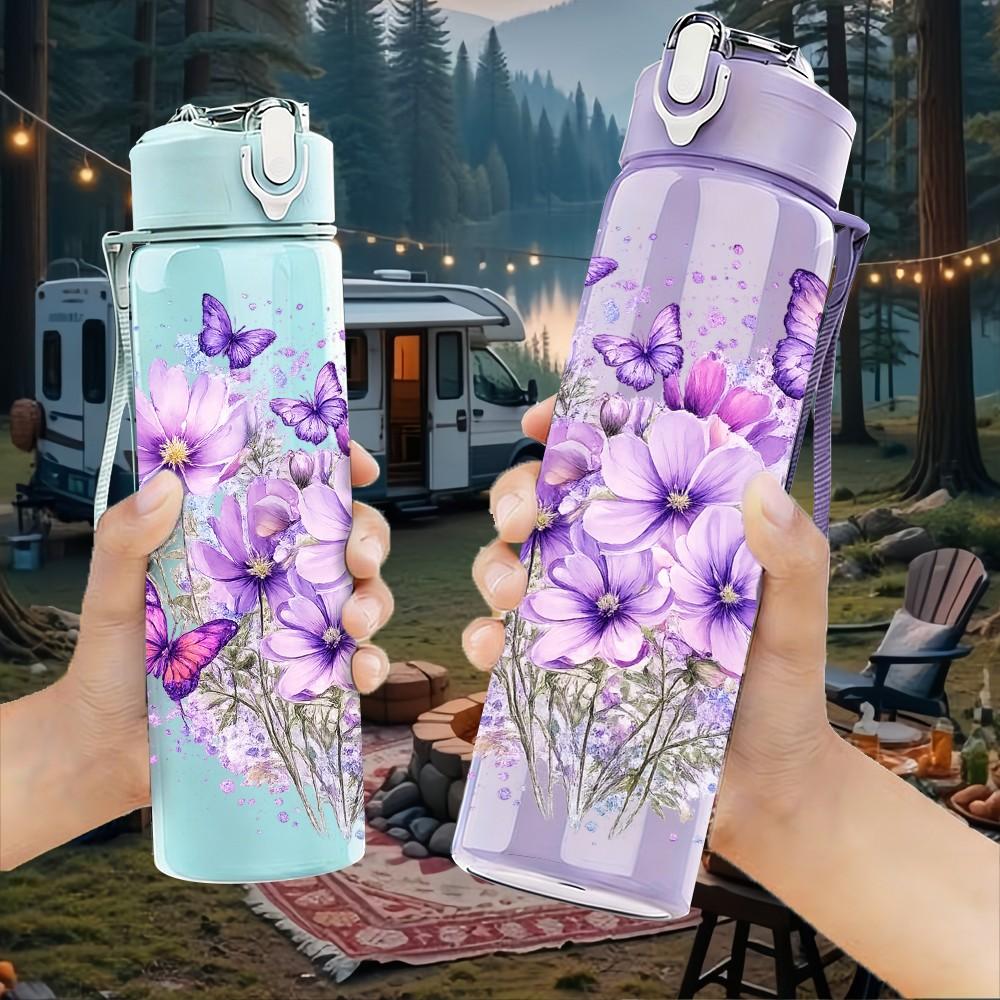 1PC Purple Lavender Bouquet Flower Print 750ml Color Plastic Sports Water Bottle Leakproof Flip Straw Lid Suitable for Sports Office Home Use