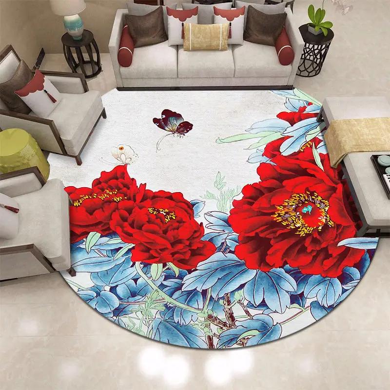Chinese Classical Flowers Round Carpet Circle Area Rug for Study Bedroom Living Room Table Decor Soft Floor Mat Kitchen Doormat