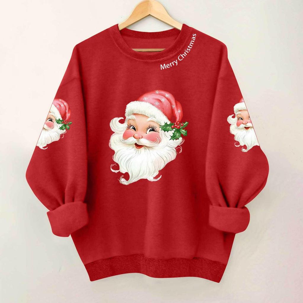 Ladies' Casual And Fashionable Round Neck Top With Christmas Print Hooded T-shirt Long Sleeved Sweatshirt