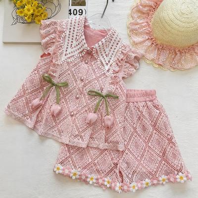 Girls' Summer Doll Collar Lace Set: Tulip Puff Sleeve Top & Daisy Lace Trim Shorts