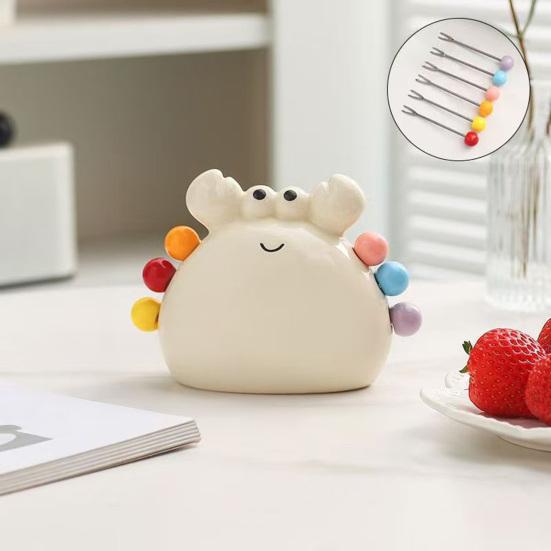 Fruit Fork Set with Ceramic Crab Storage Jar Stainless Steel Dessert Salad Forks Cartoon Mini Food Picks for Home Cafe Restaurant Table Decoration
