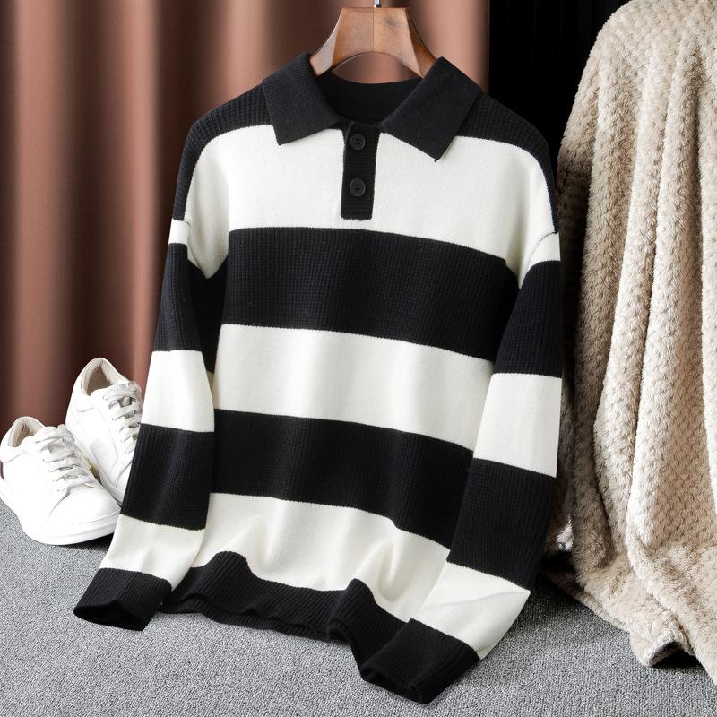 Podzimní A Zimní Pánské Pruhované Tričko s Dlouhým Rukávem Pohodlné Ležérní Klopa Módní Pánské Oblečení