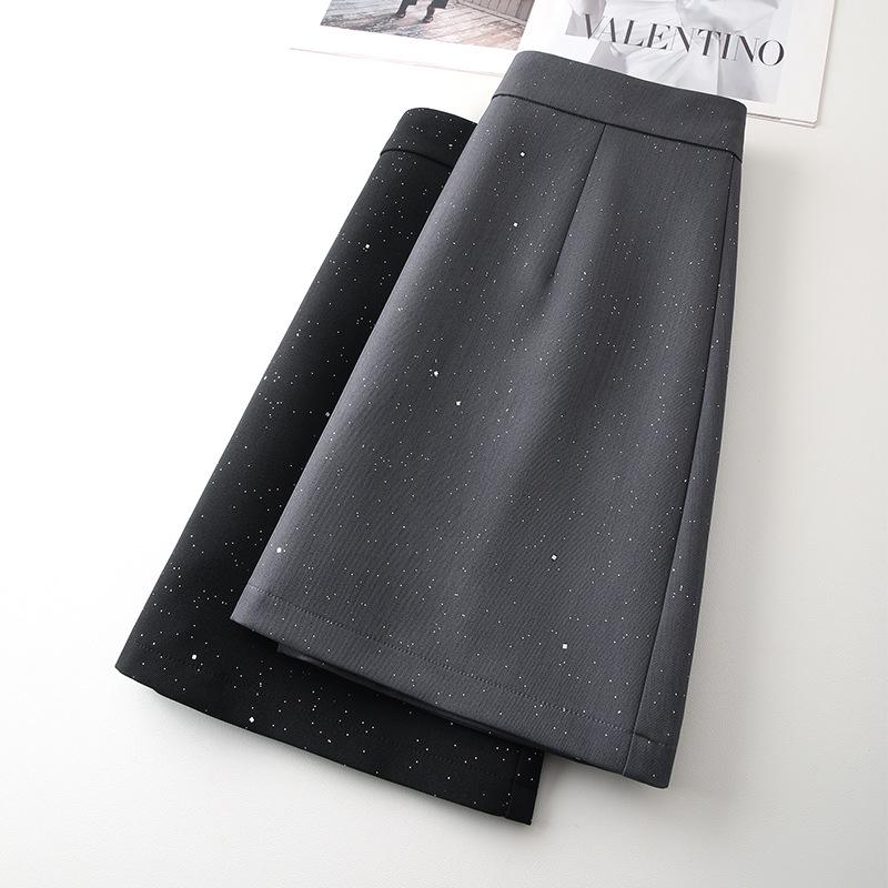 Women's Gray Sequined Midi Skirt - Spring 2025 High Waist Bodycon A-line