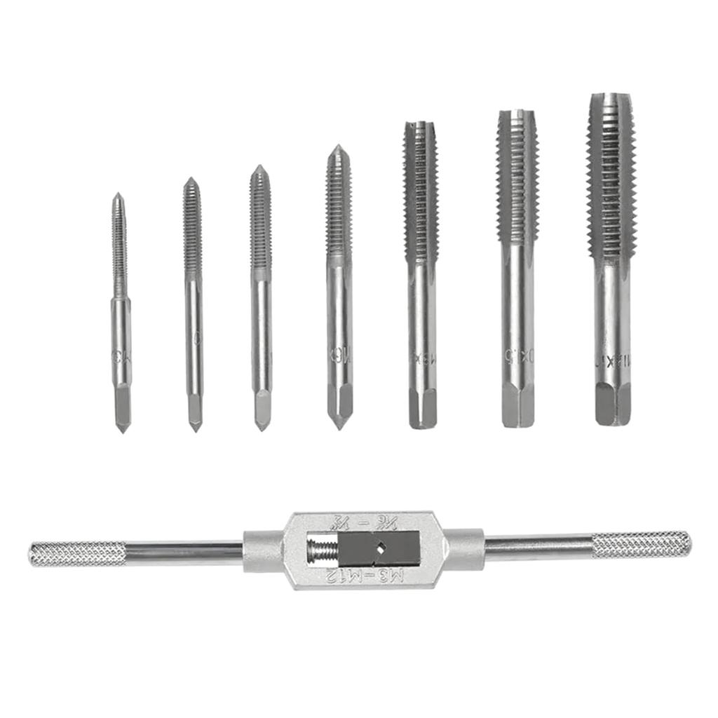 8PCS Straight Slotted Tap Silver High Speed Steel Straight Flutes Screw Threading Tap with Drift Holder for Wood