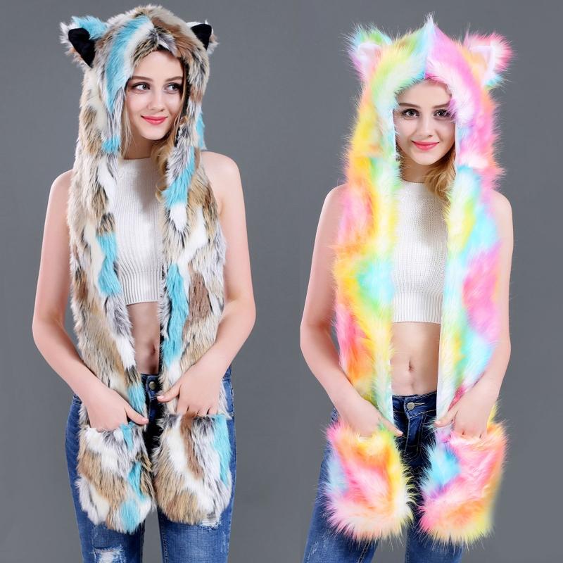 Women 3 In 1 Furry Animal Hat Scarf 