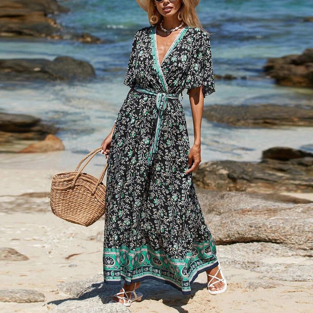 Damen V-Ausschnitt Schnürung Bedrucktes Bohemian Kleid Blumen Kurzarm Langes Kleid