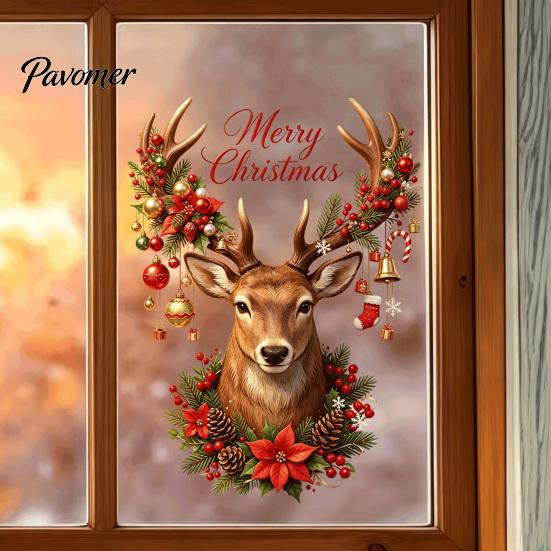 Non Adhesive Window Film Christmas Reindeer Static Glass Sticker, Removable Clings with Merry Text, Reusable PVC Stickers for Holiday Home And