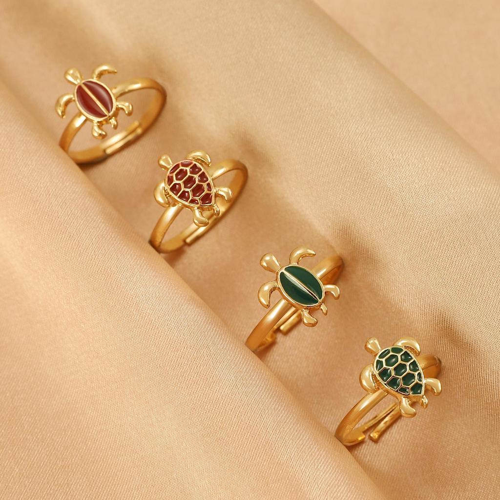 Bohemian Ocean Resort-Style Retro Ring Set: Turtle & Starfish Design