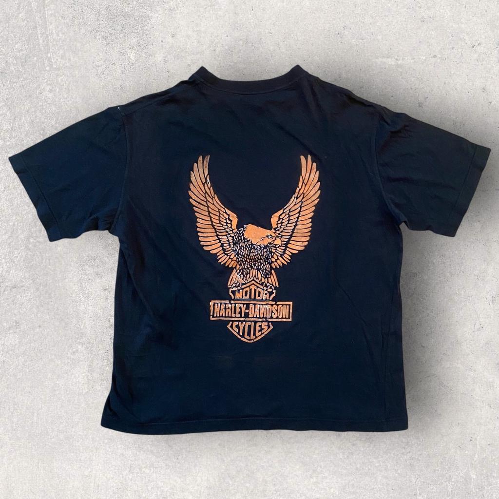 Vintage 90s Harley Davidson Orange Eagle Black T Shirt Boxy Fits Medium/Large Unisex T-Shirt
