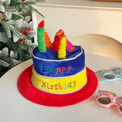 Funny Birthday Cake Hat Fabric Contrast Color Birthday Hat with Glasses Happy Birthday Performance Party Hat