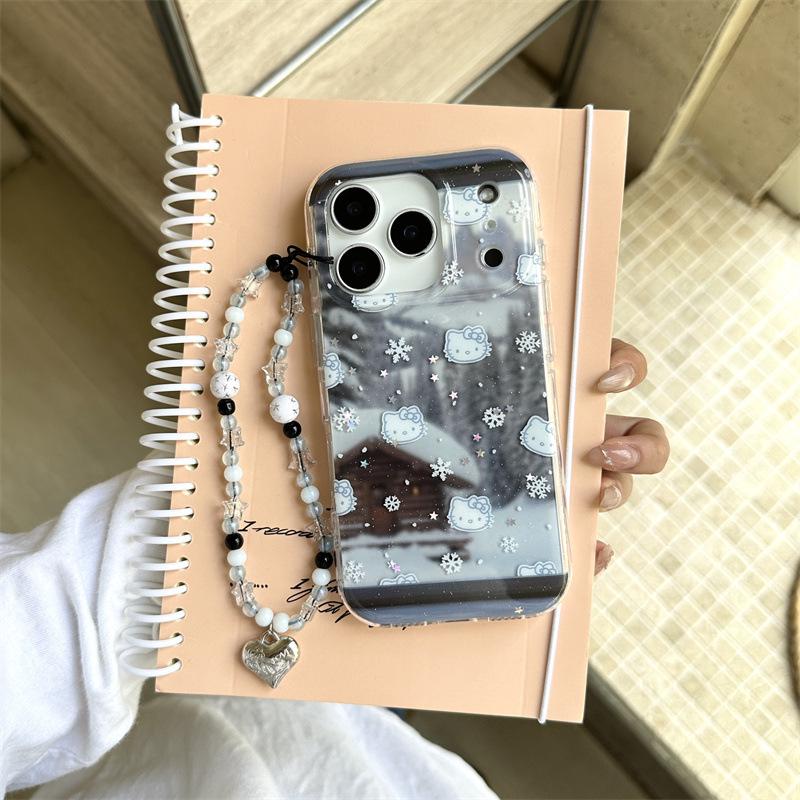 Winter Snowflake Hello Kitty iPhone Case for 14/15/16 Pro Max with Girly Heart Design