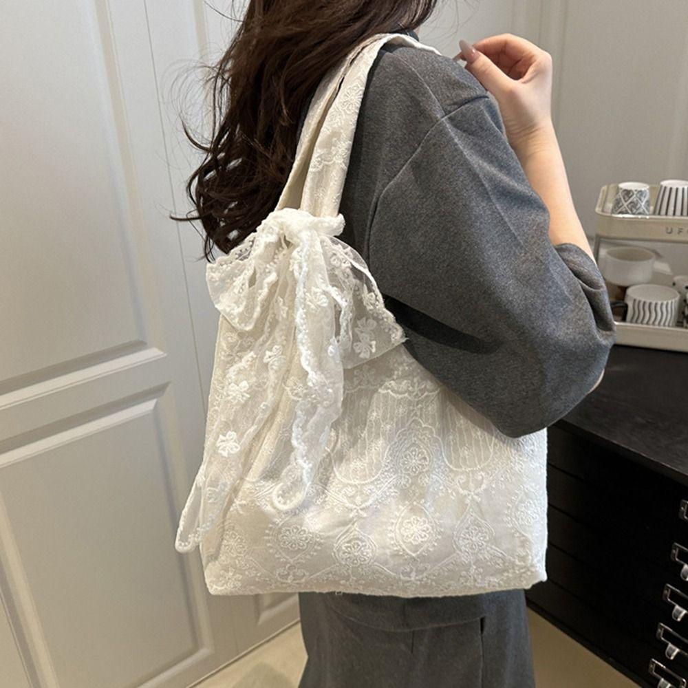 With Ribbon Simple Canvas Handbag Korean Style Large Capacity Bag Lace Shoulder Bag Daily