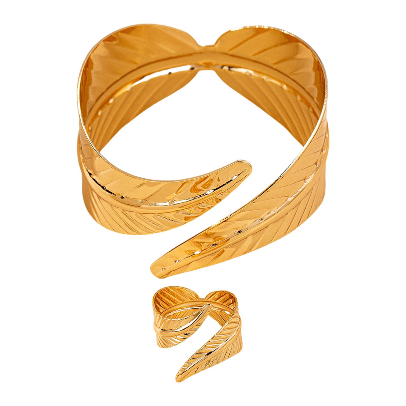 

2шт геометрические листья манжеты браслеты и кольца набор для женщин модный ретро металлический открытый браслет стильные аксессуары