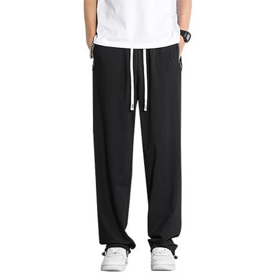 Extra dlouhé 120cm letní kalhoty z ledového hedvábí pro vysoké muže - Tenké s rovnými nohavicemi a 110cm plochou nohavicí se stahovací šňůrkou