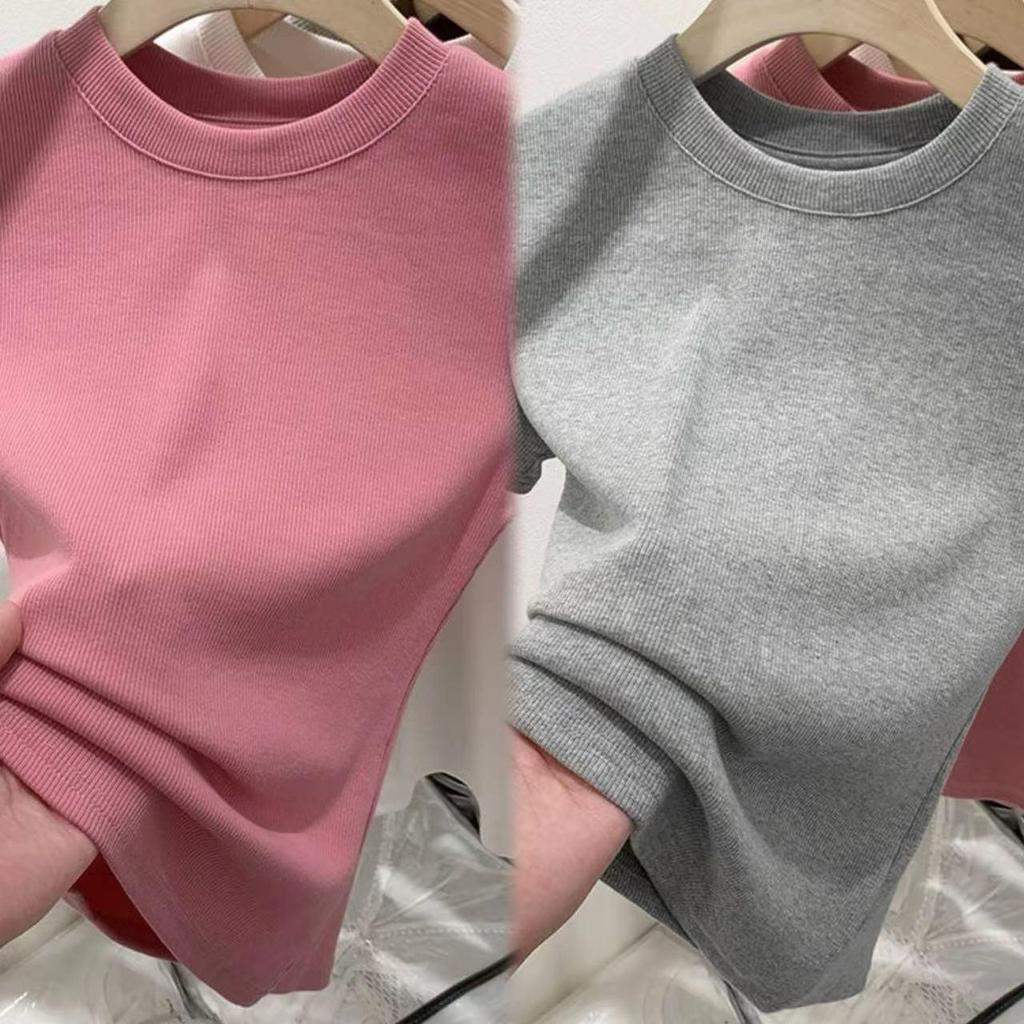 Dopamine Thread Slimming Women's Summer Short Sleeve T-Shirt – Versatile Straight Shoulder Round Neck