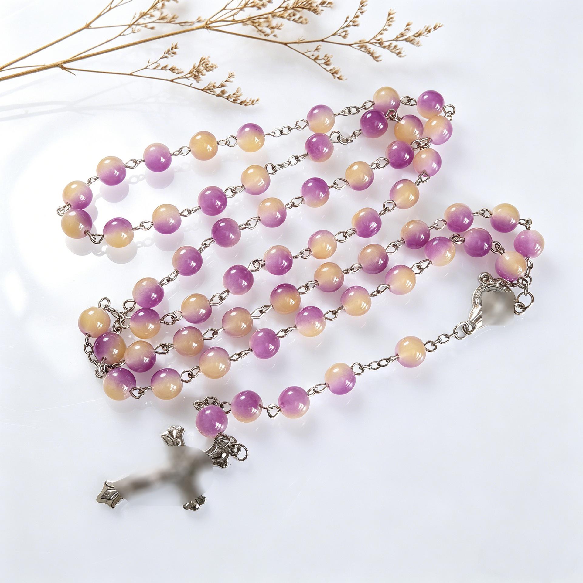 Two-Color 8mm Glass Necklace with Cross Bead Pendant, Trendy Long Sweater Chain