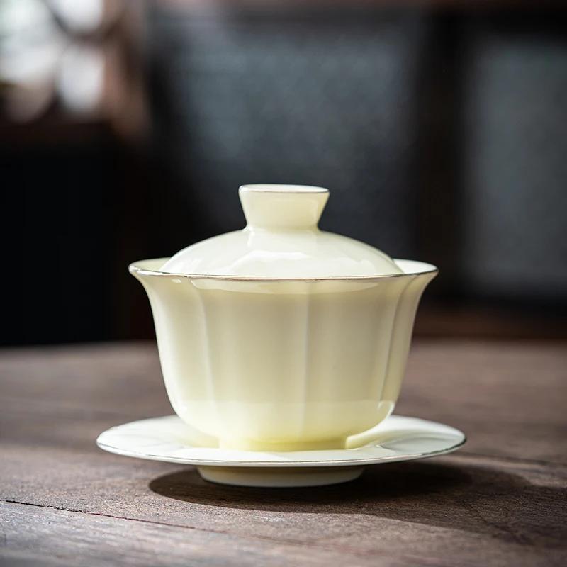 Biała Porcelana z Białego Porcelany Dehua z Motywem Złotej Owczej Tłuszczu, Trzyczęściowa Miseczka z Pokrywką, Ceramiczna Duża Miseczka na Herbatę, Zestaw do Herbaty Kung Fu