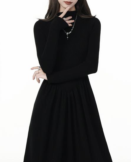 Women's Black High Neck Long Sleeve Bodycon Midi Dress - Petite Waist Slimming 2026 Spring Style