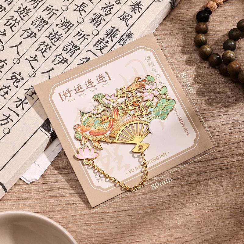 New Chinese Brass Bookmark With Pendant Fan Shape Metal Book Clip Pagination Mark Student Reading Accessories Book Lovers Gifts