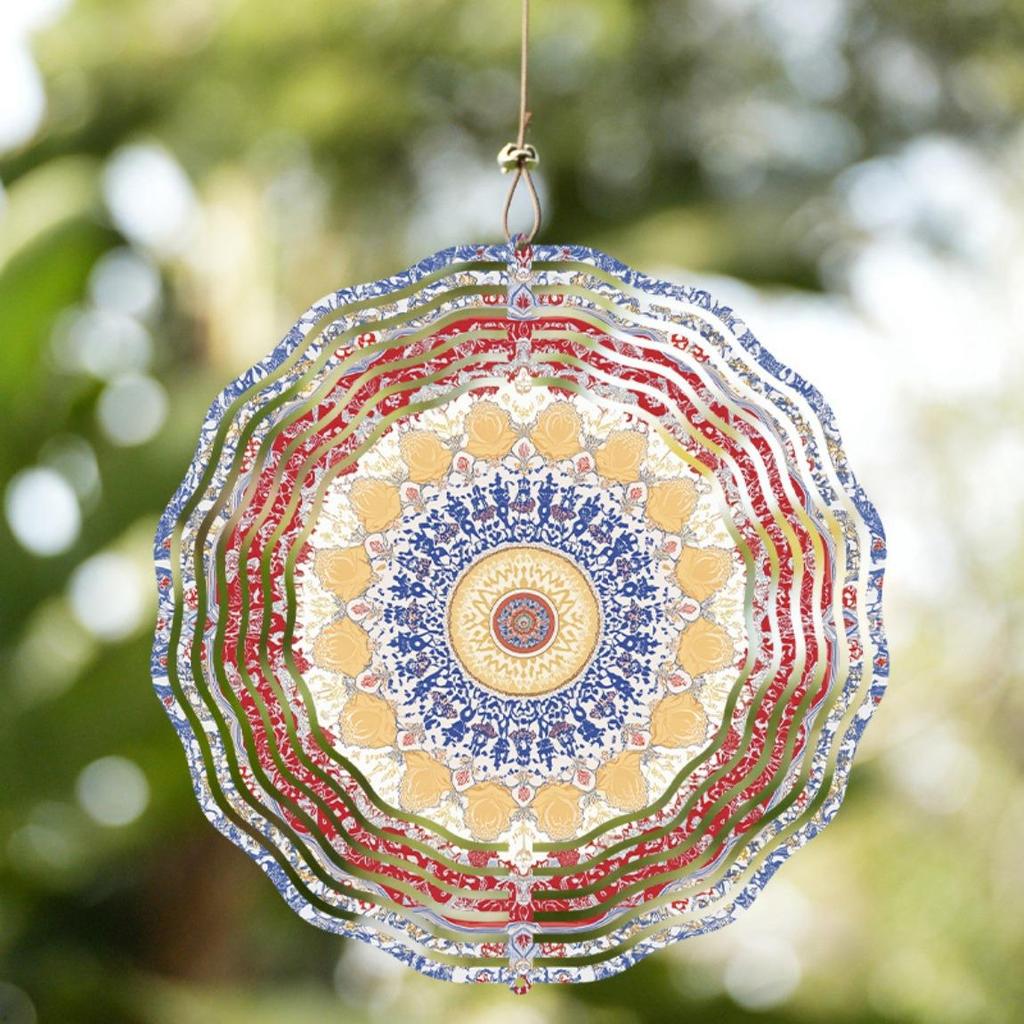 Bohemian Style 10 Inch Hanging Wind Spinner Vibrant Blue Red Yellow Floral Pattern Metal Art Chime for Balcony Patio Garden Decor All Season Gift
