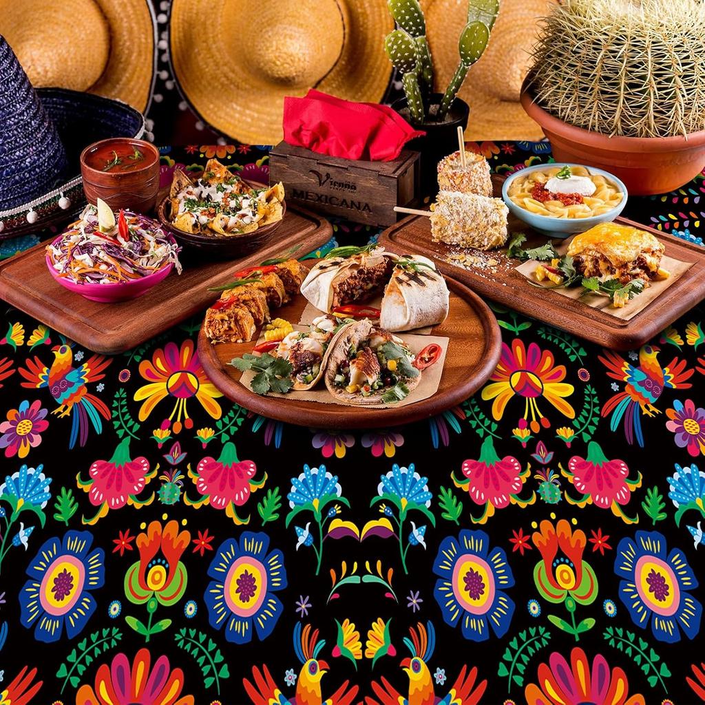3 Pieces 54 x 108 Inches Mexican Fiesta Plastic Tablecloth, Disposable Rectangle Table Covers with Floral and Serape Stripe for Cinco de Mayo, Taco